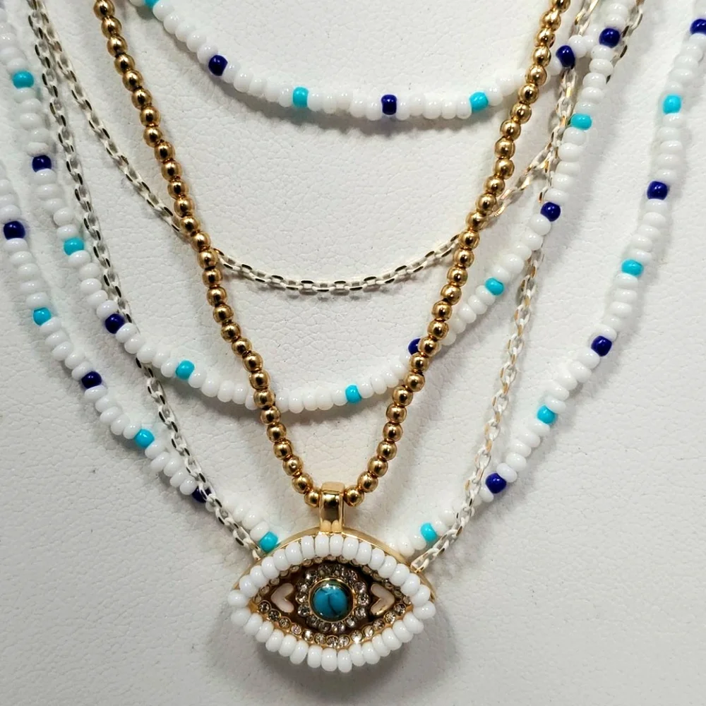 Rebecca Minkoff - Layered Beads Evil Eye Necklace (Turquoise Multi) - Picture 2 of 5